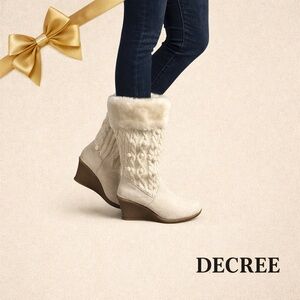 Decree White Cozy Knit Wedge Boots Faux Fur Trim Size